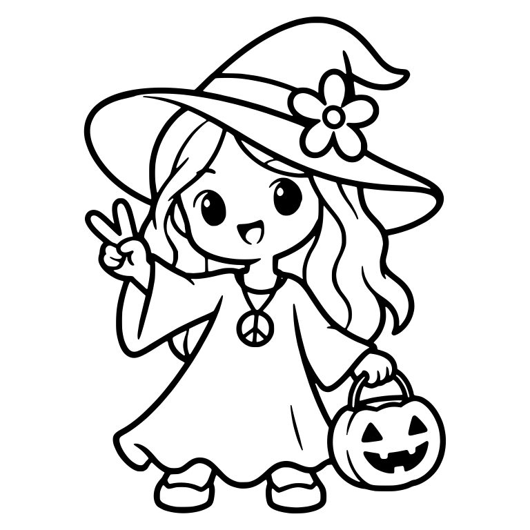 Peace Sign Witch With Flower Hat And Pumpkin Pail — free characters SVG cut file