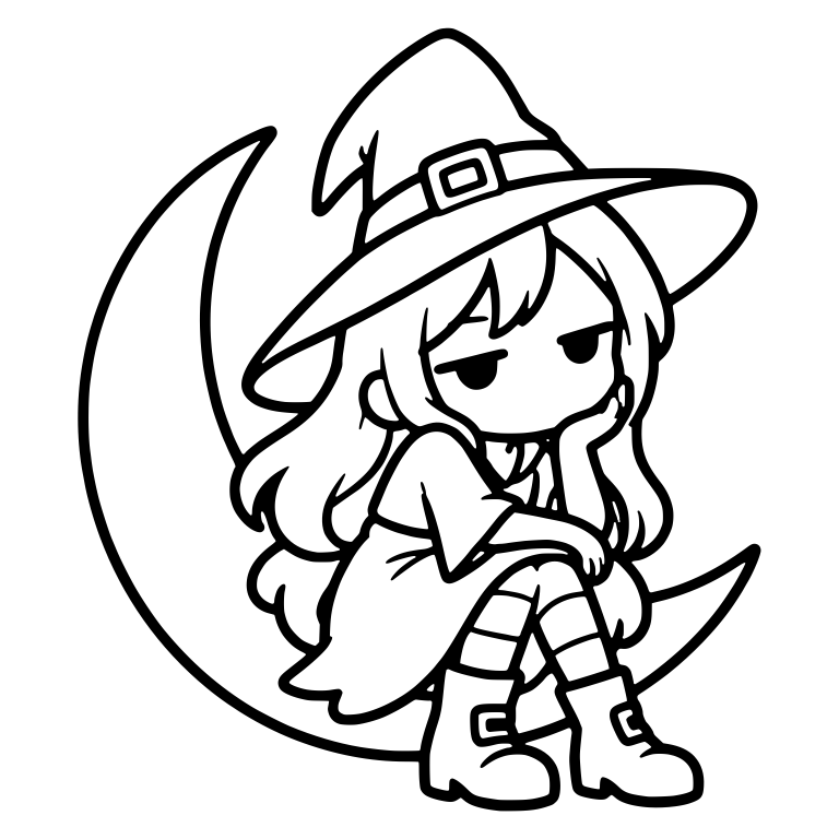 Bored Witch Sitting on Crescent Moon in Buckled Boots — free characters SVG cut file