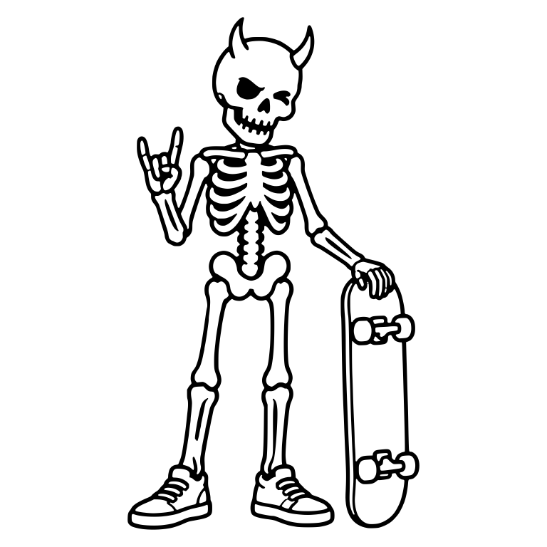 Horned Skeleton Standing with Skateboard Rock Sign — free skeleton SVG cut file