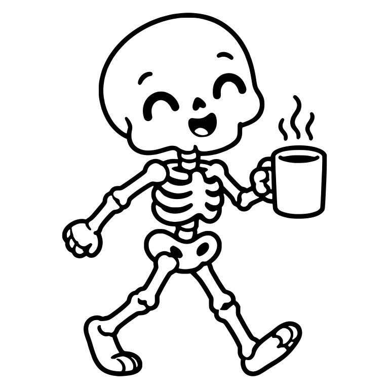 Kawaii Skeleton Strolling with Steaming Coffee Mug — free skeleton SVG cut file