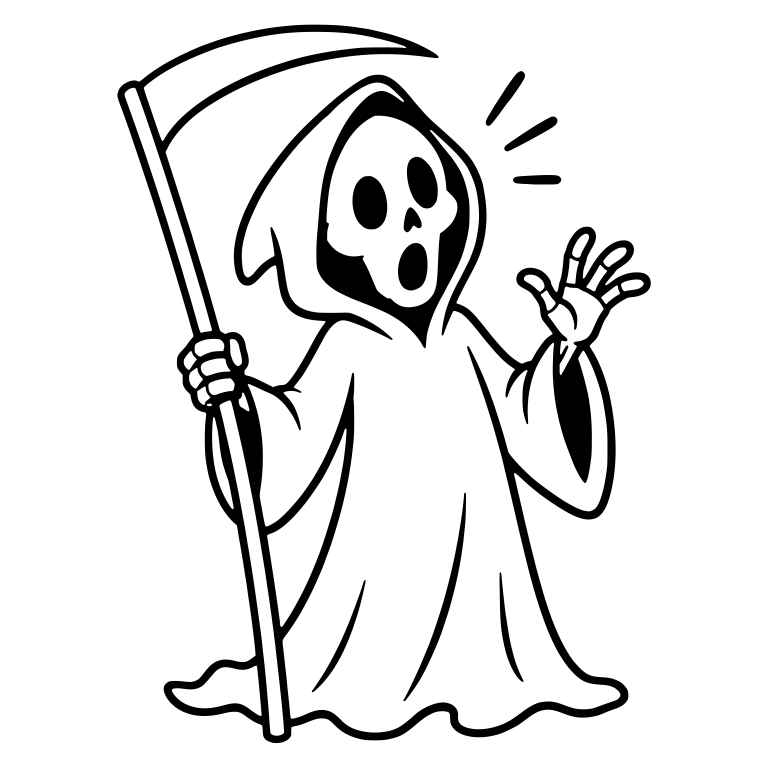 Startled Grim Reaper with Scythe and Raised Hand — free characters SVG cut file