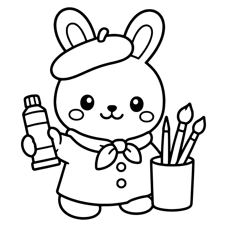 Kawaii Bunny Artist in Beret with Paint Tube and Brushes — free animal SVG cut file