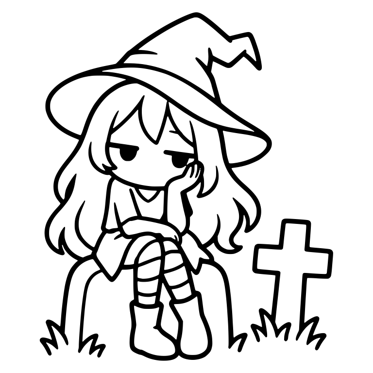 Bored Witch Sitting On Gravestone Beside Large Cross — free characters SVG cut file