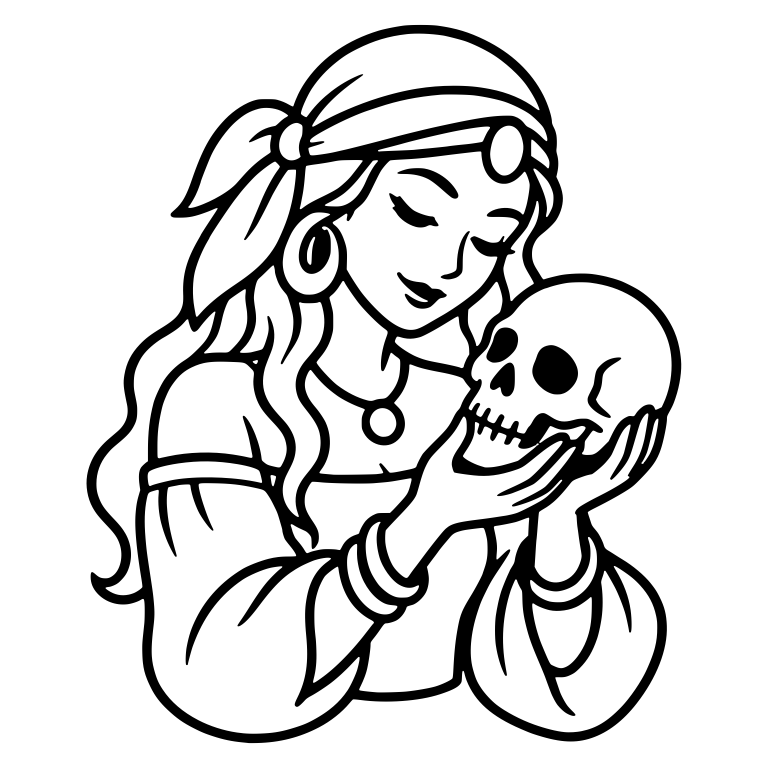 Fortune Teller in Headscarf Cradling a Skull — free characters SVG cut file