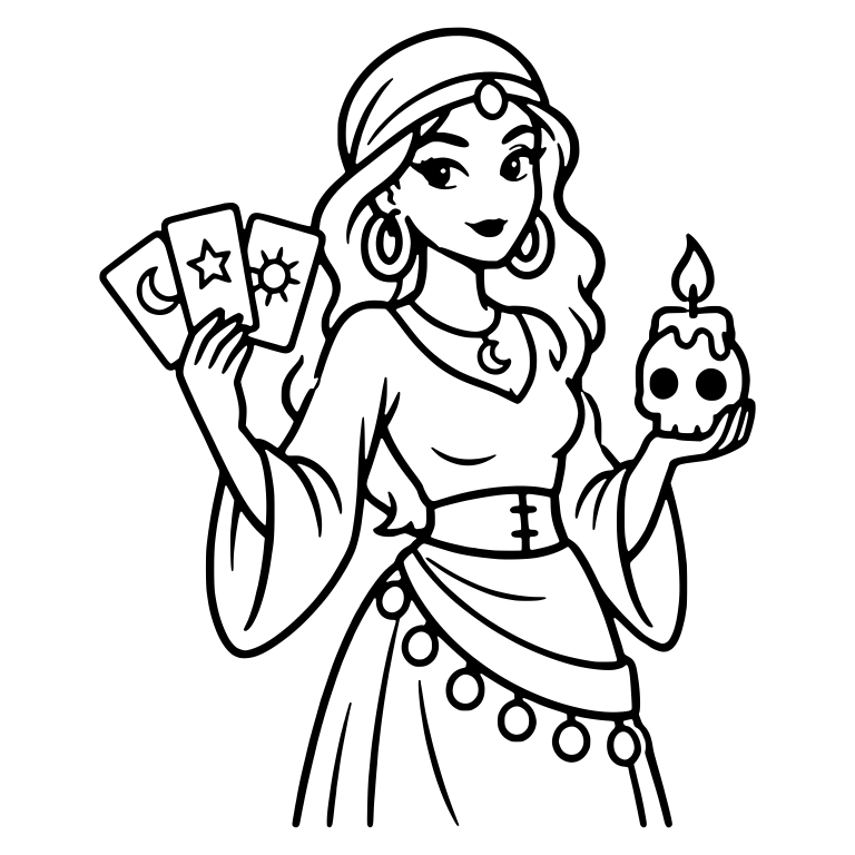 Fortune Teller Holding Tarot Cards and Skull Candle — free characters SVG cut file