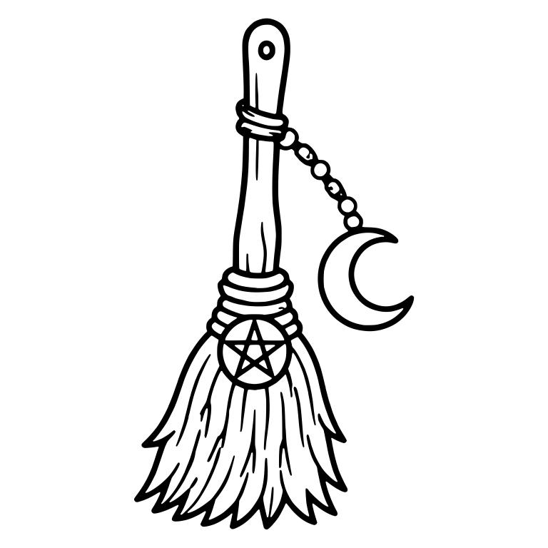 Broom with Pentagram Medallion and Crescent Moon Charm — free objects SVG cut file