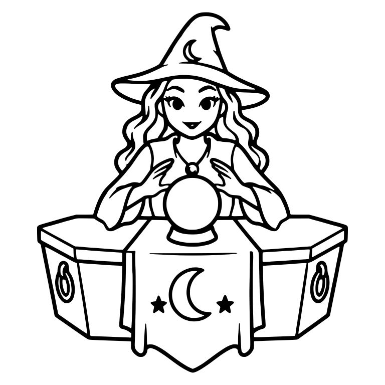 Witch Fortune Teller at Coffin Table With Crystal Ball — free characters SVG cut file