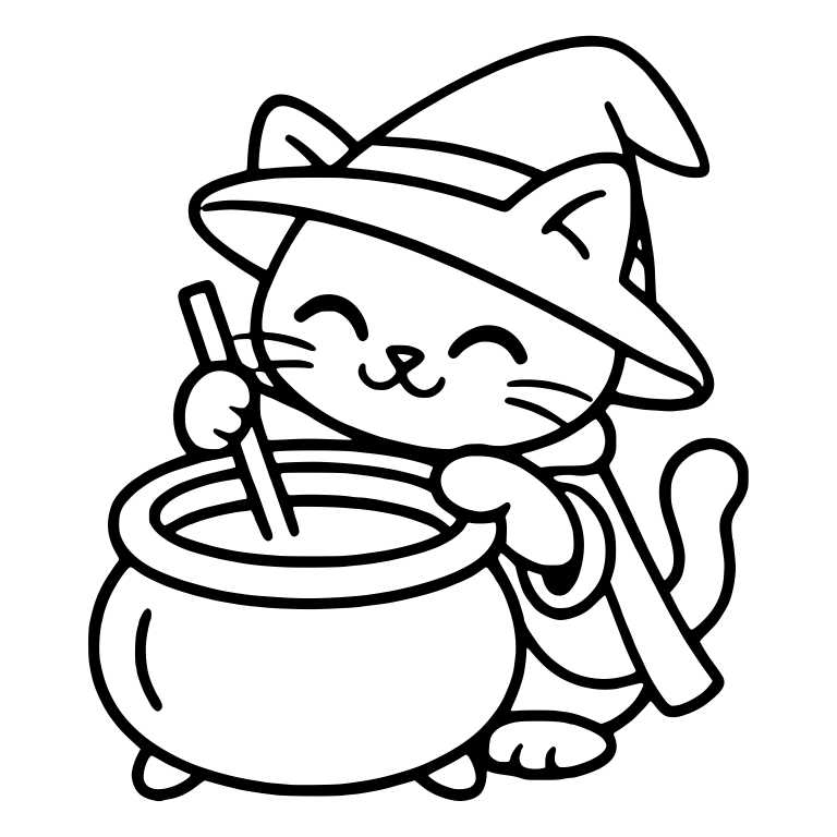 Happy Cat in Witch Hat Stirring Cauldron — free animal SVG cut file