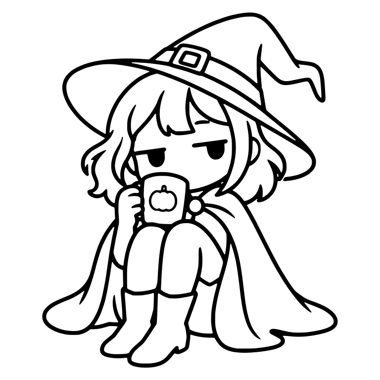 Bored Witch In Cape Hugging Knees With Pumpkin Mug — free characters SVG cut file