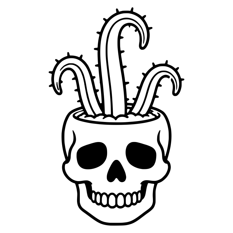 Skull Planter With Three Curling Fishhook Cacti — free skeleton SVG cut file