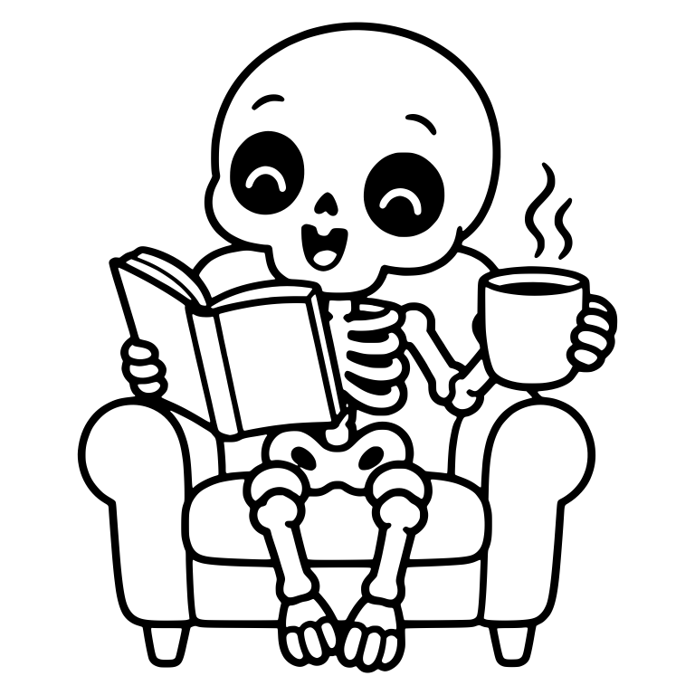 Kawaii Skeleton Reading in Armchair with Coffee Mug — free skeleton SVG cut file
