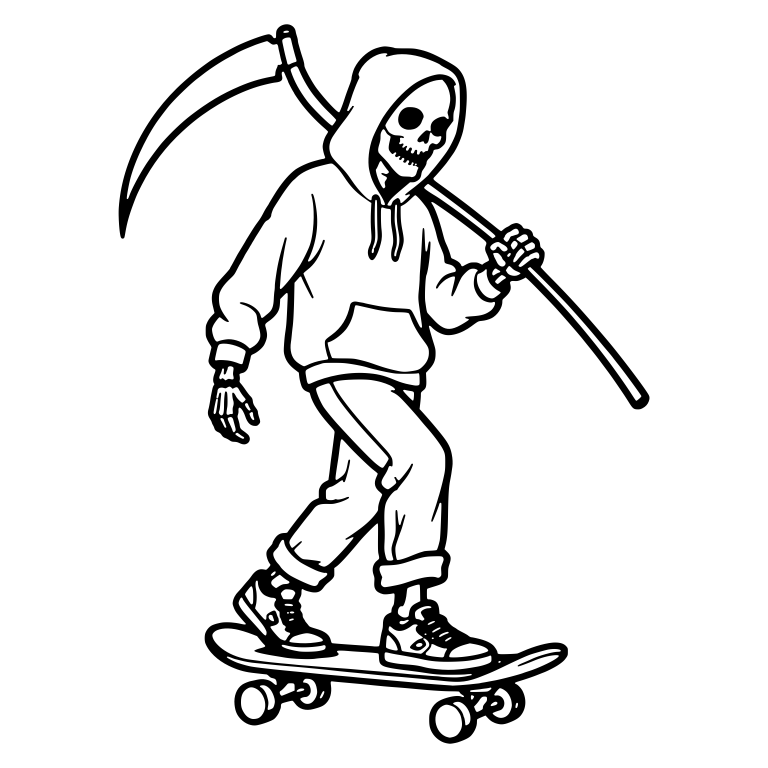 Hooded Skeleton Skater Carrying Scythe on Shoulder — free skeleton SVG cut file