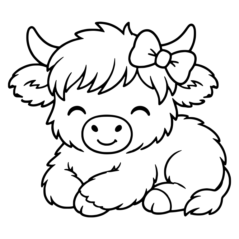 Resting Highland Calf with Side Bow and Happy Eyes — free animal SVG cut file