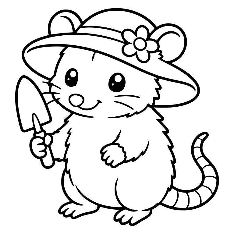 Opossum in Flower Sun Hat Holding a Garden Trowel — free animal SVG cut file