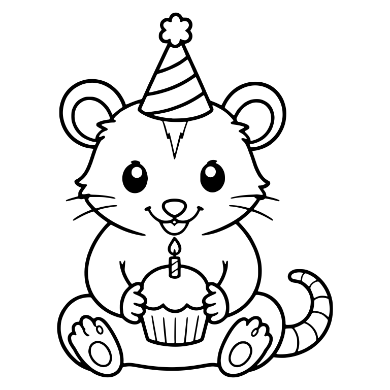 Opossum in Party Hat Holding a Birthday Cupcake — free animal SVG cut file