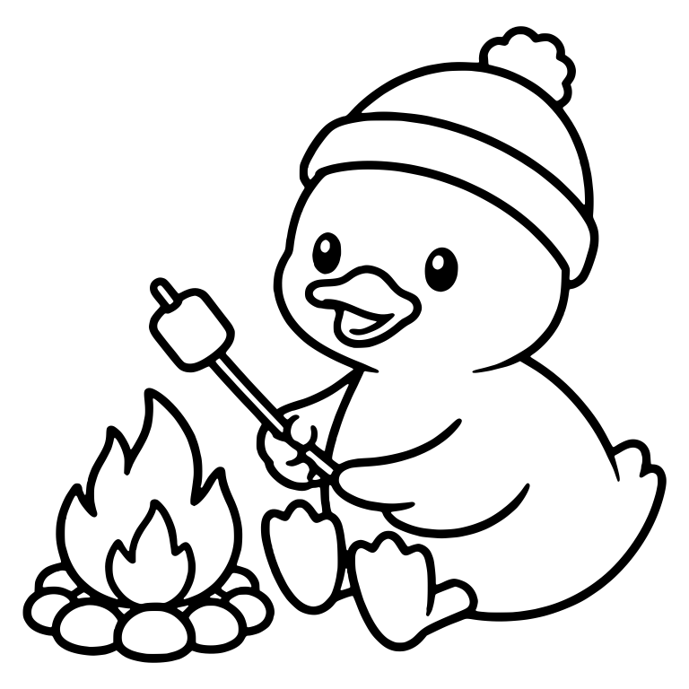 Kawaii Duckling in Beanie Roasting Marshmallow by Campfire — free animal SVG cut file