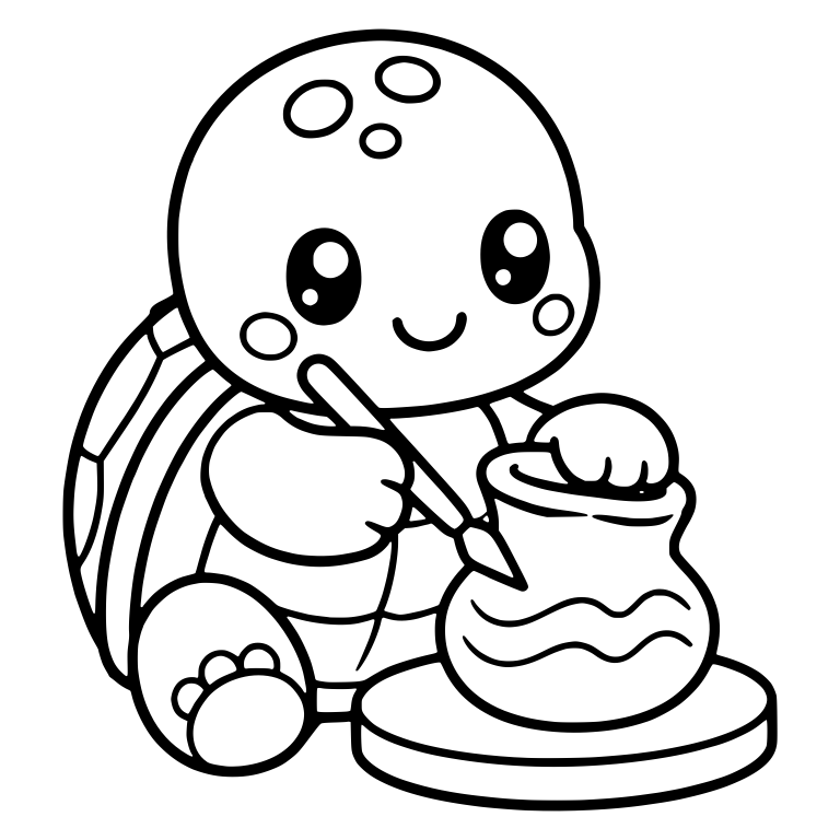 Kawaii Turtle Painting a Clay Pot With a Brush — free animal SVG cut file
