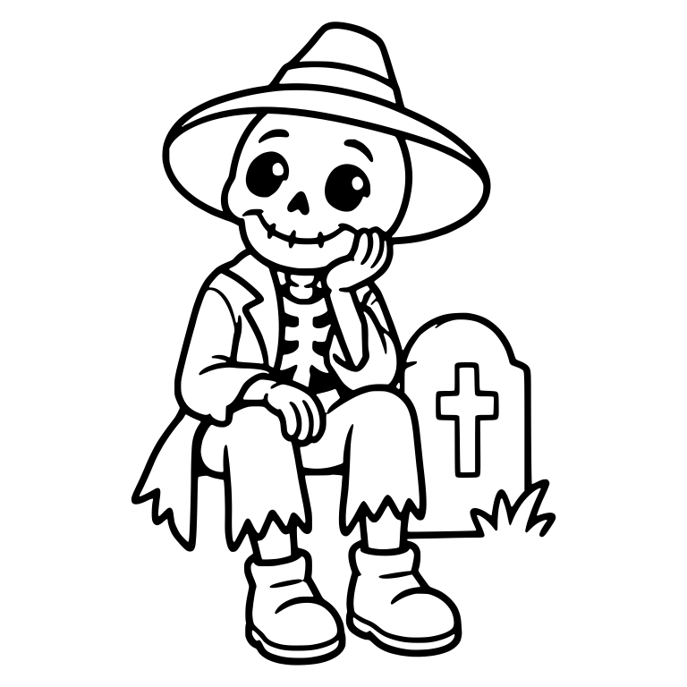 Skeleton Resting Chin On Hand Beside Cross Gravestone — free skeleton SVG cut file