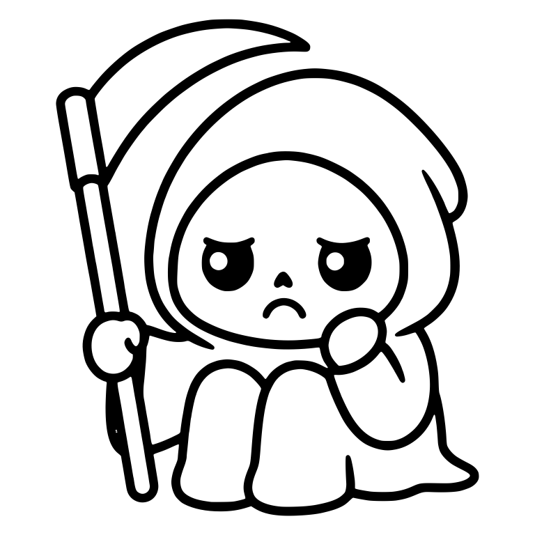 Frowning Grim Reaper Sitting With Scythe and Fist at Chin — free characters SVG cut file
