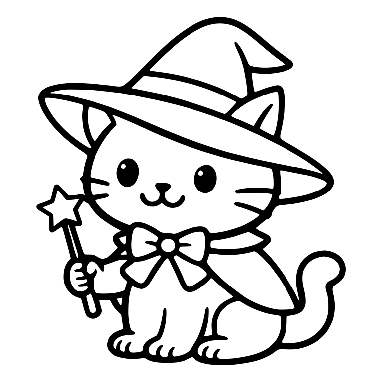 Wide-Brim Wizard Cat With Star Wand and Big Bow — free animal SVG cut file