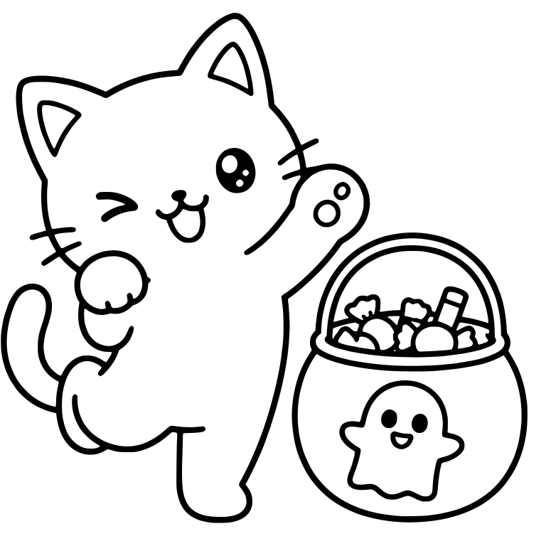 Winking Cat Waving Beside Ghost Candy Bucket — free animal SVG cut file