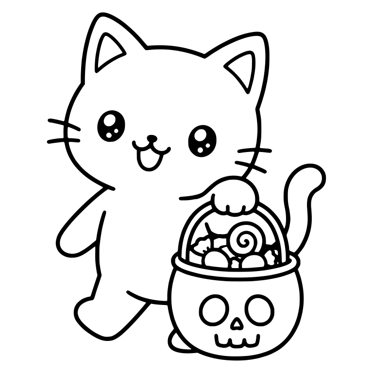 Walking Cat Carrying Skull-Faced Candy Bucket — free animal SVG cut file