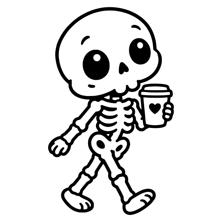 Strolling Skeleton Carrying Heart Coffee Cup — free skeleton SVG cut file
