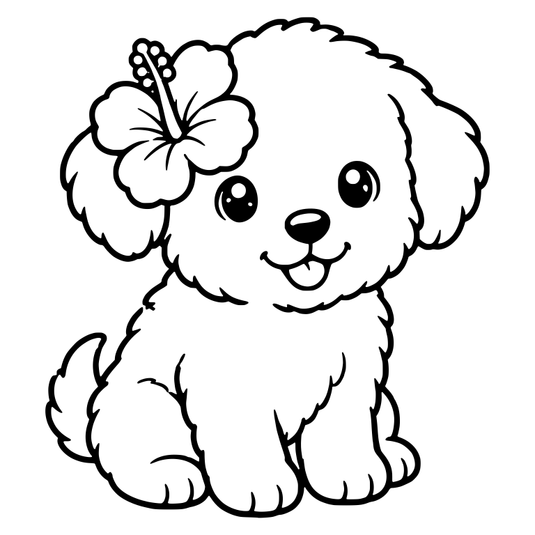 Fluffy Sitting Puppy with Hibiscus Flower on Ear — free animal SVG cut file