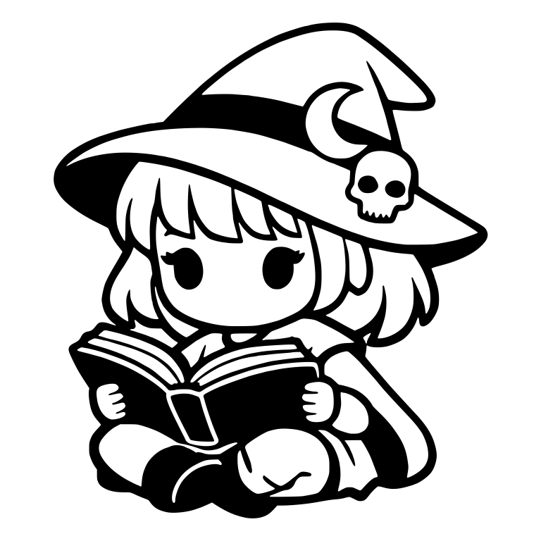 Chibi Witch Reading Book with Skull and Moon Hat Charms — free characters SVG cut file