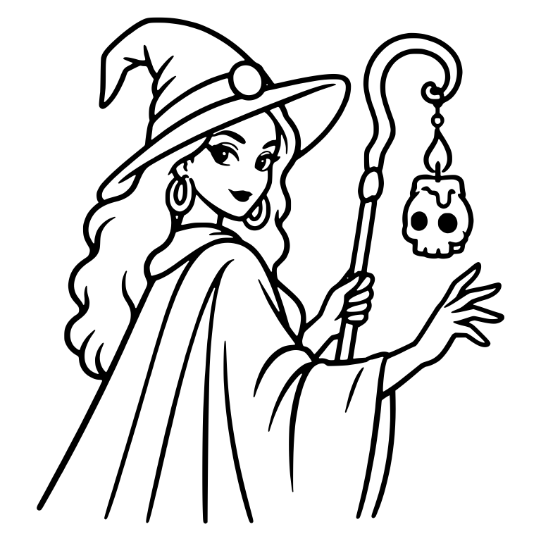 Witch with Hooked Staff and Hanging Skull Candle — free characters SVG cut file