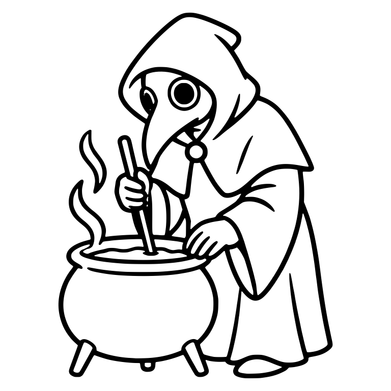 Hooded Plague Doctor Stirring A Bubbling Cauldron — free characters SVG cut file