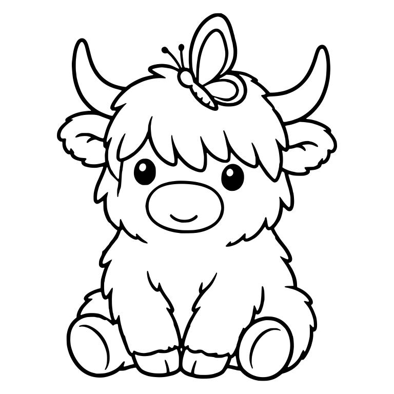 Sitting Highland Calf With Butterfly on Its Head — free animal SVG cut file