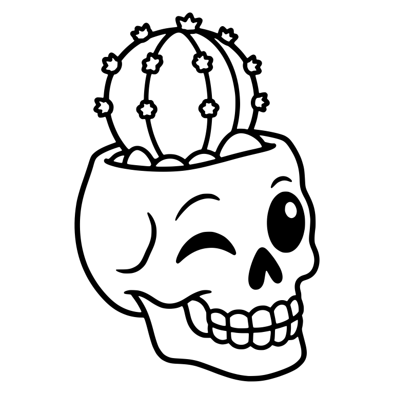 Winking Tilted Skull Planter with Star-Spined Cactus — free skeleton SVG cut file
