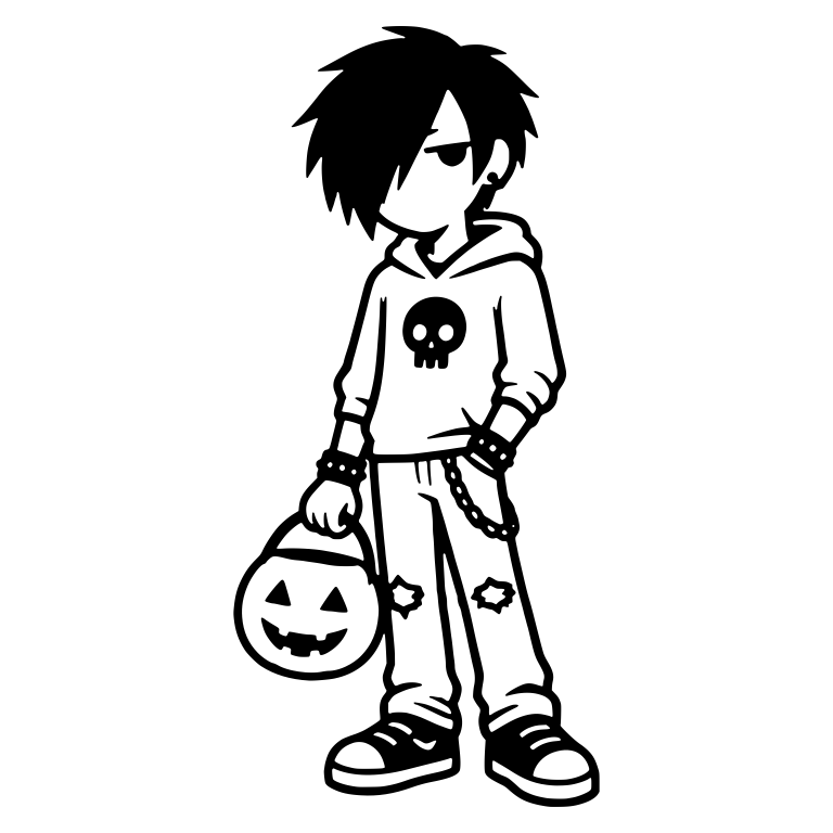 Emo Boy in Skull Hoodie Holding Jack-o'-Lantern Bucket — free characters SVG cut file