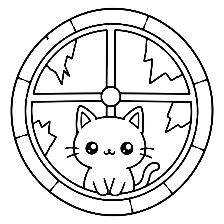 Cat Sitting in Round Cracked Window With Stone Frame — free animal SVG cut file