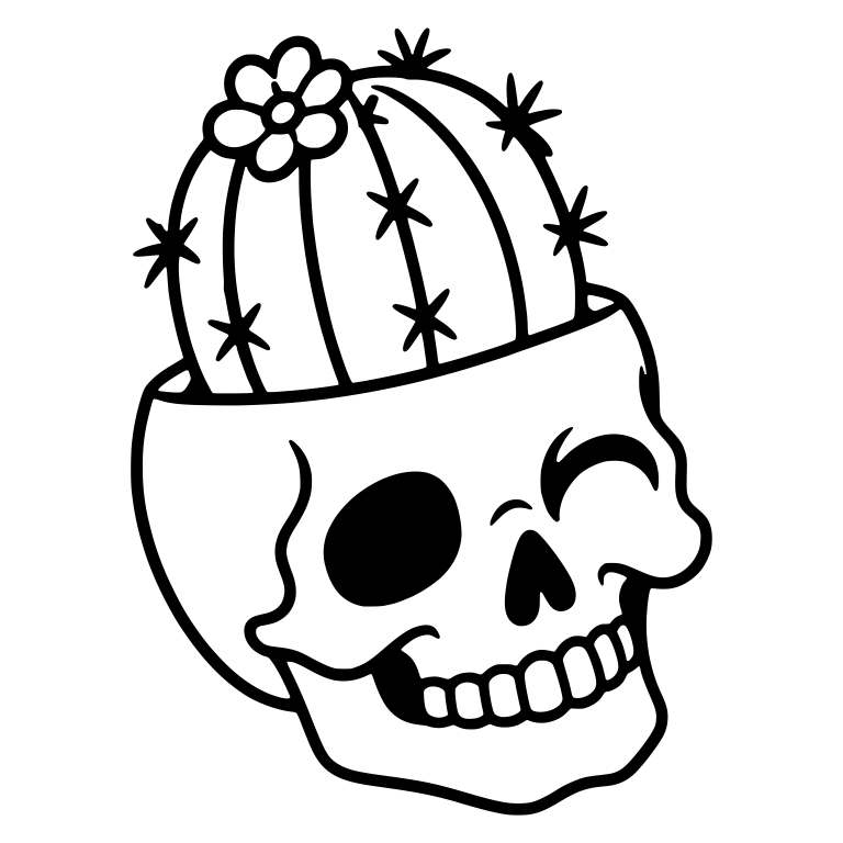 Winking Tilted Skull Planter with Flowered Barrel Cactus — free skeleton SVG cut file