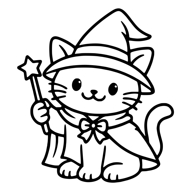 Wizard Cat in Cape With Star Wand and Small Bow — free animal SVG cut file