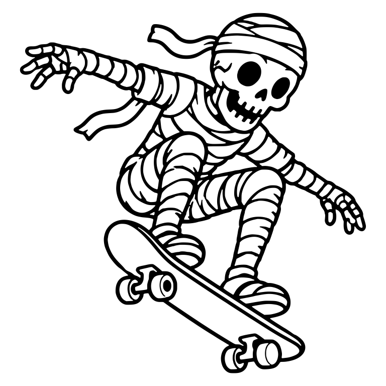 Mummy Skeleton Leaping On Tilted Skateboard — free skeleton SVG cut file