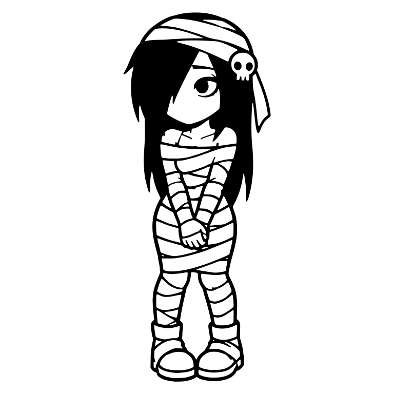 Shy Emo Girl in Mummy Wraps with Skull Hair Clip — free characters SVG cut file