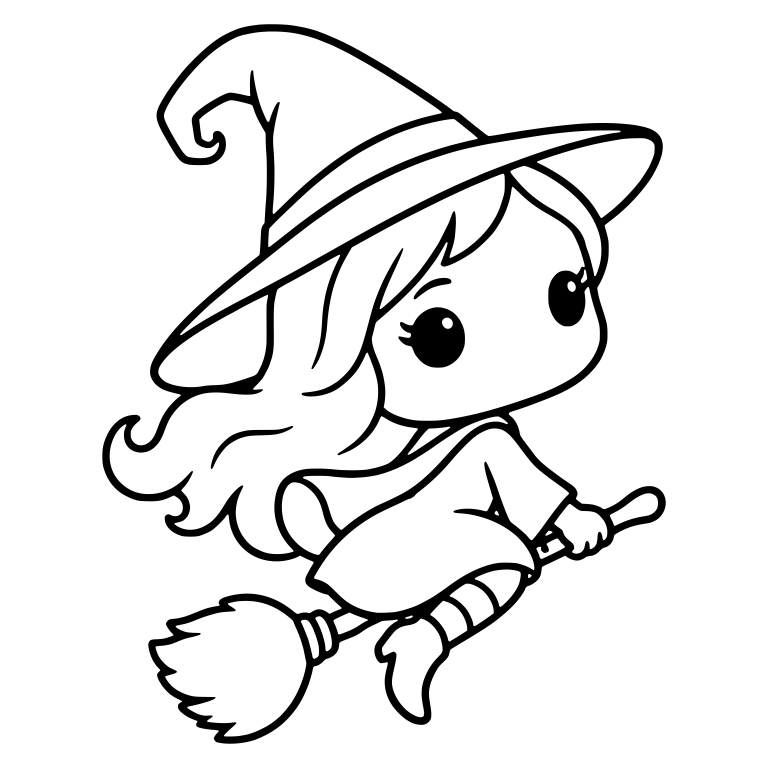 Witch Girl With Long Wavy Hair Riding a Broom — free characters SVG cut file
