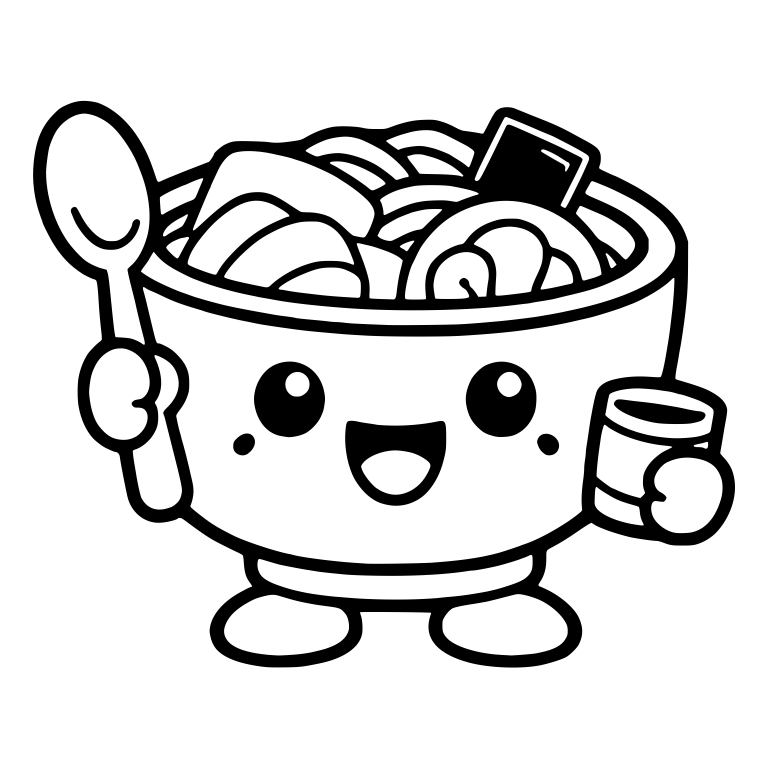 Standing Ramen Bowl Character Holding Spoon And Cup — free food SVG cut file