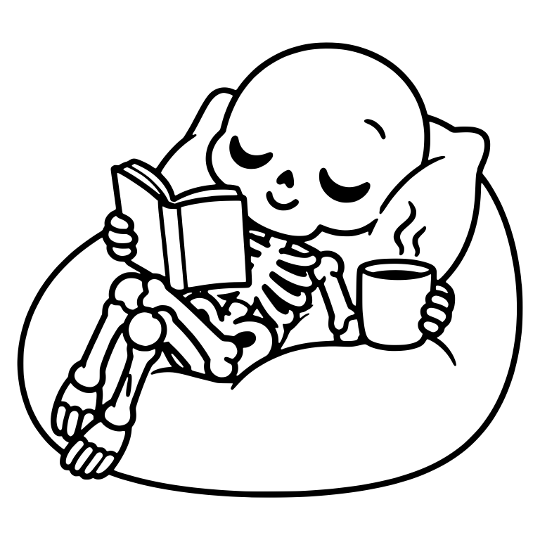 Kawaii Skeleton Reading a Book With Coffee on a Bean Bag — free skeleton SVG cut file