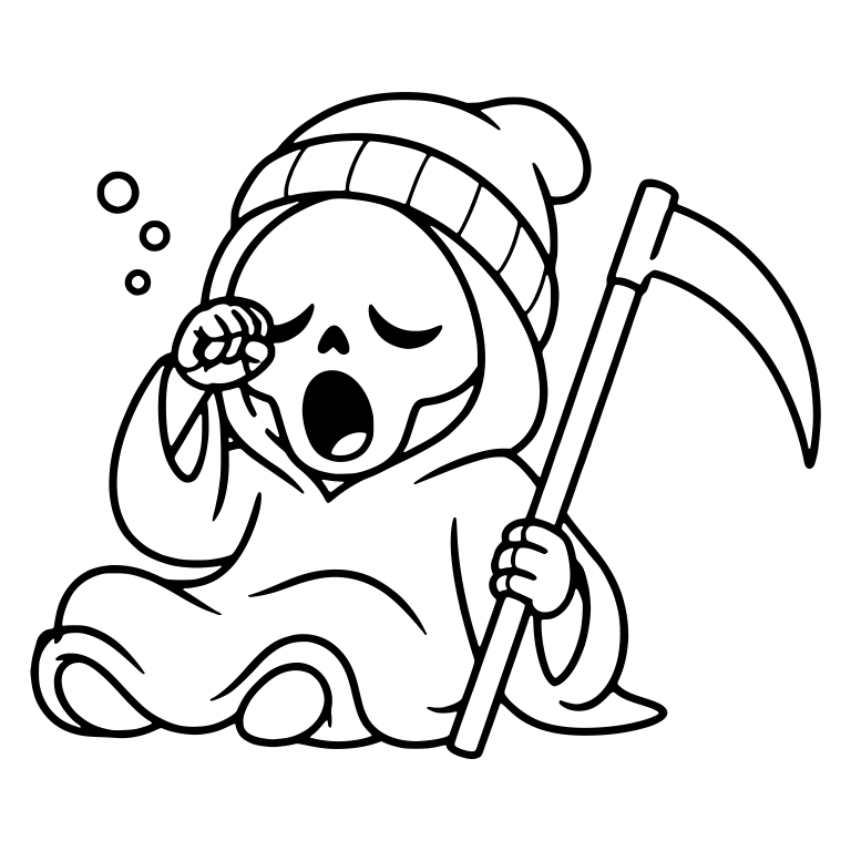 Sleepy Sitting Beanie Reaper Rubbing Eye With Scythe — free characters SVG cut file