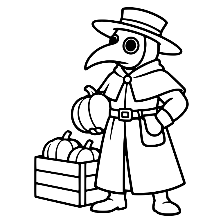 Plague Doctor Holding Pumpkin Beside Wooden Crate — free characters SVG cut file
