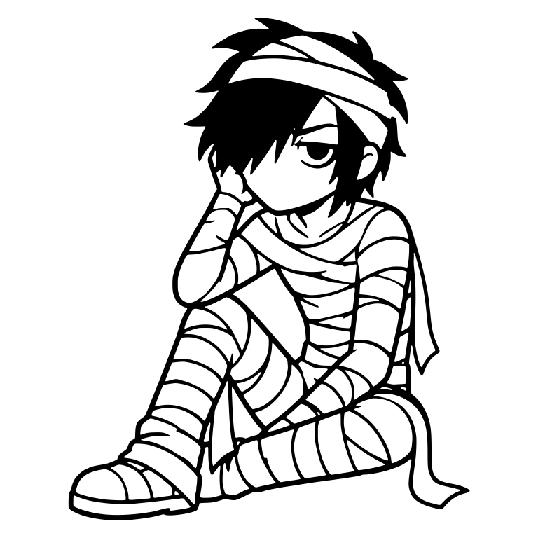Bored Emo Boy in Mummy Wraps Sitting with Chin on Hand — free characters SVG cut file