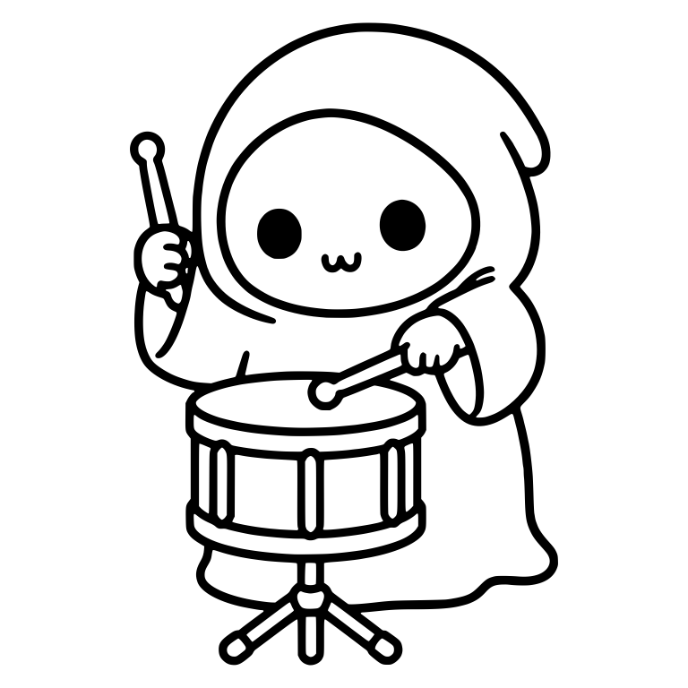 Cute Hooded Kawaii Reaper Drumming on a Snare Drum — free characters SVG cut file