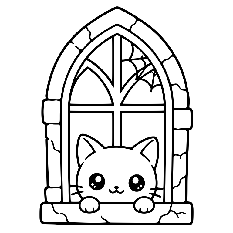 Cat Peeking From Cobwebbed Stone Gothic Window — free animal SVG cut file