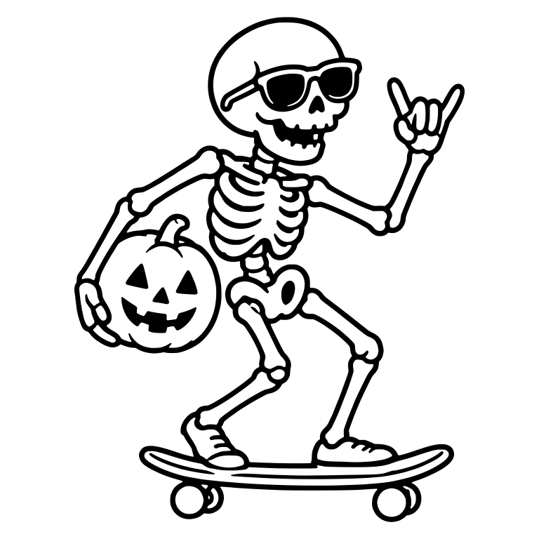 Skeleton in Sunglasses with Pumpkin and Rock Sign — free skeleton SVG cut file