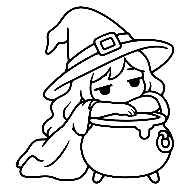 Bored Witch Leaning on Cauldron with Flowing Robe — free characters SVG cut file
