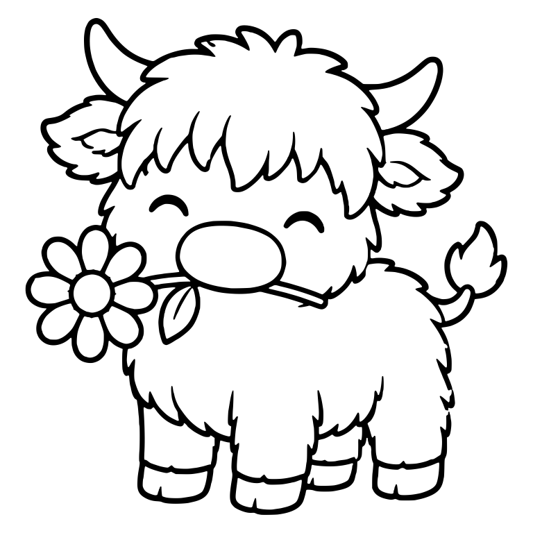 Standing Highland Calf With Daisy in Its Mouth — free animal SVG cut file